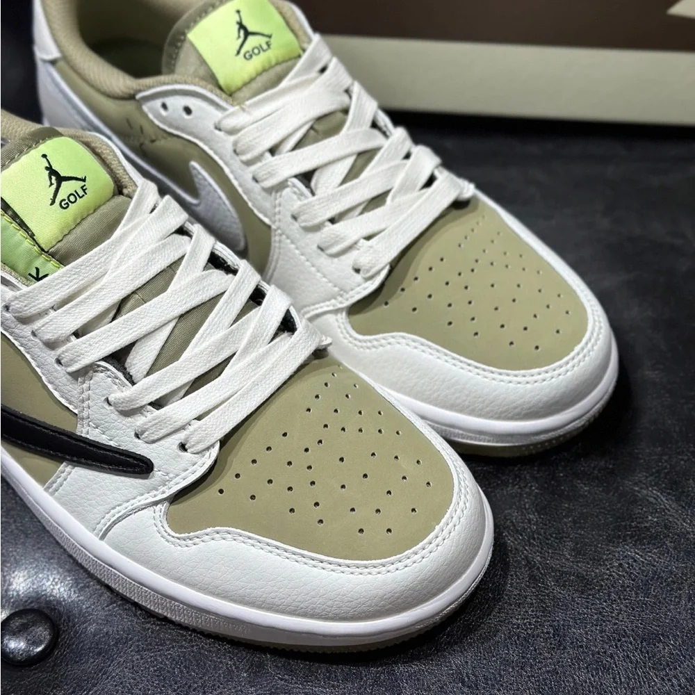 Nike Low-Top Sneakers in White, Beige & Black with Lime Tongue Accent